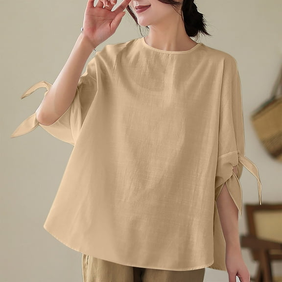 ECZHAW 3/4 Tie-Knot Sleeve Tops for Women Summer Cotton Linen Shirts Lightweight Dressy Blouses Solid Tunics Baggy Tee Shirt,