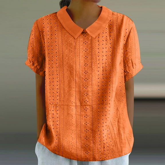 ECZHAW Basic Tops for Woman, Womens Hollow Out Collared Tops Casual 3/4 Sleeve Solid Lapel Shirts Loose Fit Pullover Spring Tops,