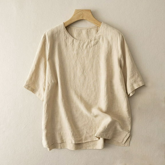 ECZHAW 3/4 Sleeve Linen Shirts for Women Cotton Summer Retro Embroidered Boho Tops Dressy Casual Trendy Blouse