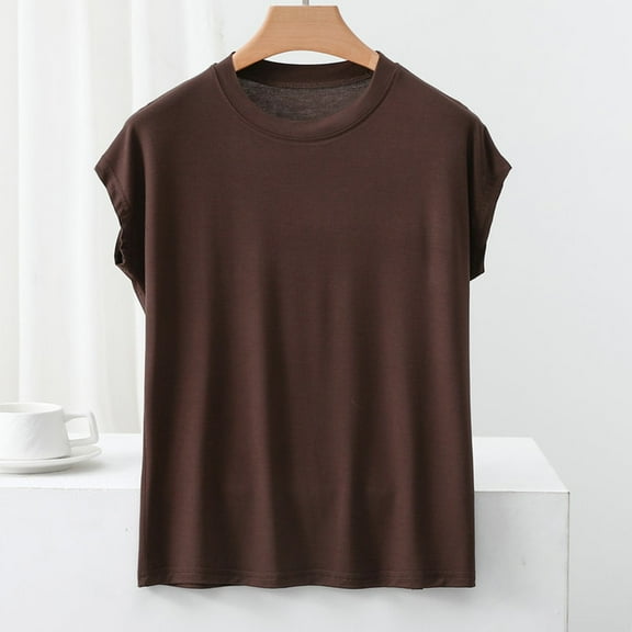 ECZHAW Cap Sleeve Shirts for Womens Cute Summer Cap Sleeve Tank Tops Trendy Crew Neck Workout Athlete Tops Beach Going Out