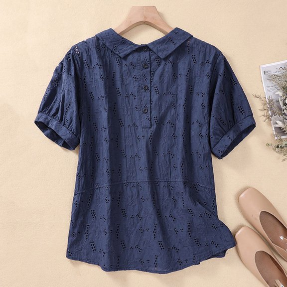 ECZHAW Cotton Linen Tops for Women Short Sleeve Lapel Button Blouses Comfy Breathable Hollow Out Tees Shirts Fashion