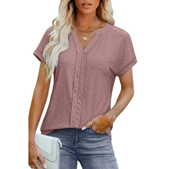 ECZHAW Eyelet Tops for Women Trendy Solid Color Versatile Short Sleeve Shirts Basic Business Casual V Neck Summer T-Shirts