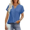 thumbnail image 1 of ECZHAW Eyelet Tops for Women Trendy Solid Color Versatile Short Sleeve Shirts Basic Business Casual V Neck Summer T-Shirts, 1 of 9
