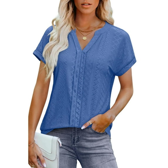 ECZHAW Eyelet Tops for Women Trendy Solid Color Versatile Short Sleeve Shirts Basic Business Casual V Neck Summer T-Shirts