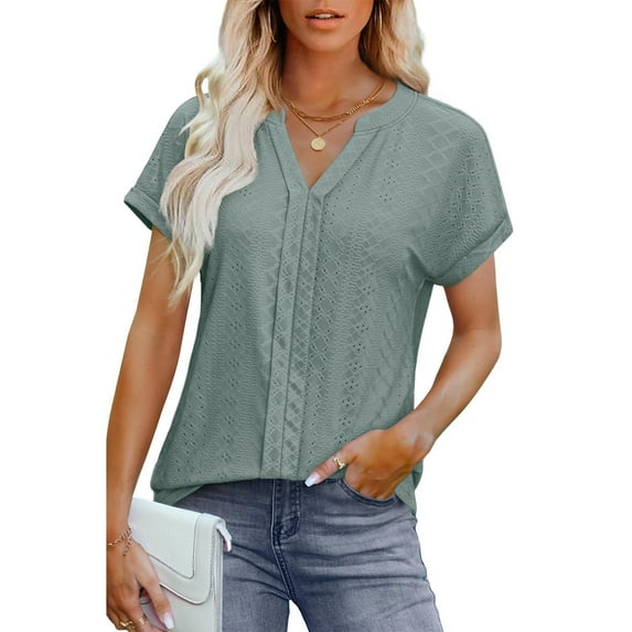 ECZHAW Eyelet Tops for Women Trendy Solid Color Versatile Short Sleeve Shirts Basic Business Casual V Neck Summer T-Shirts