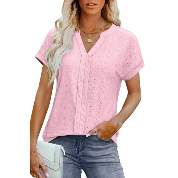 ECZHAW Eyelet Tops for Women Trendy Solid Color Versatile Short Sleeve Shirts Basic Business Casual V Neck Summer T-Shirts