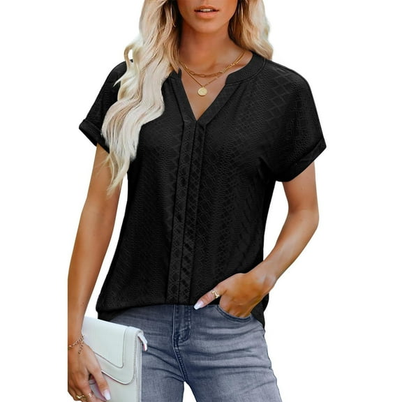 ECZHAW Eyelet Tops for Women Trendy Solid Color Versatile Short Sleeve Shirts Basic Business Casual V Neck Summer T-Shirts