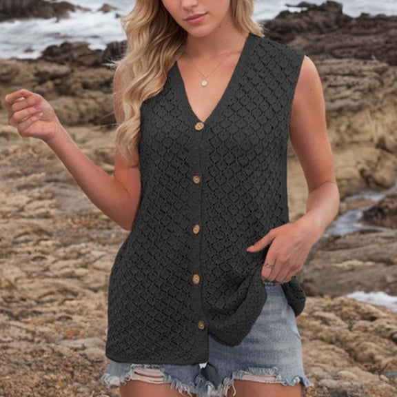 ECZHAW Knit Vest for Women Spring Summer V Neck Sleeveless Sweater Button Down Cardigan Casual Cute Tank Tops