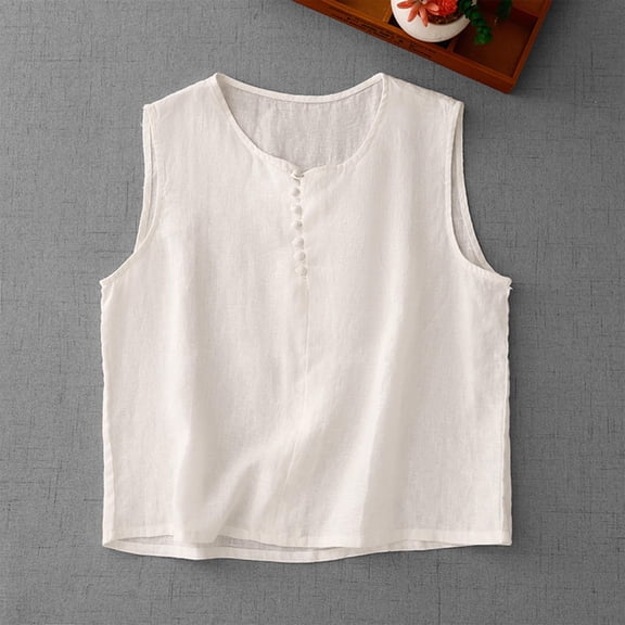 ECZHAW Linen Tank Tops for Women Loose Fit Back Button Down Crewneck Sleeveless Tops Blouses Casual Side Slit Linen Shirts