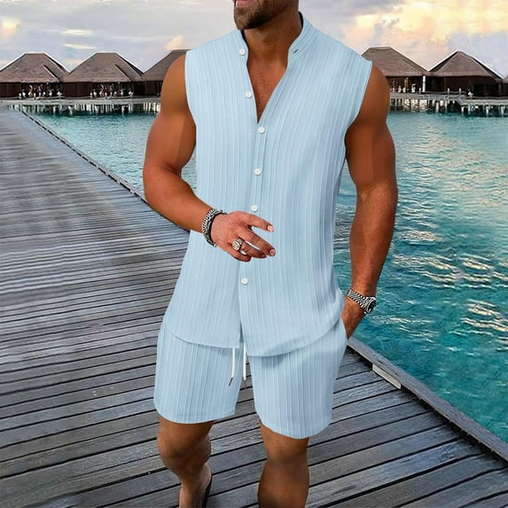 ECZHAW Mens Linen Sets 2 Piece Outfits Sleeveless Button Down Shirt and Shorts Set Summer Beach Vacation Outfit with Pockets