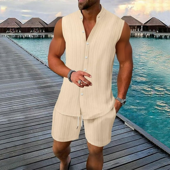 ECZHAW Mens Linen Sets 2 Piece Outfits Sleeveless Button Down Shirt and Shorts Set Summer Beach Vacation Outfit with Pockets