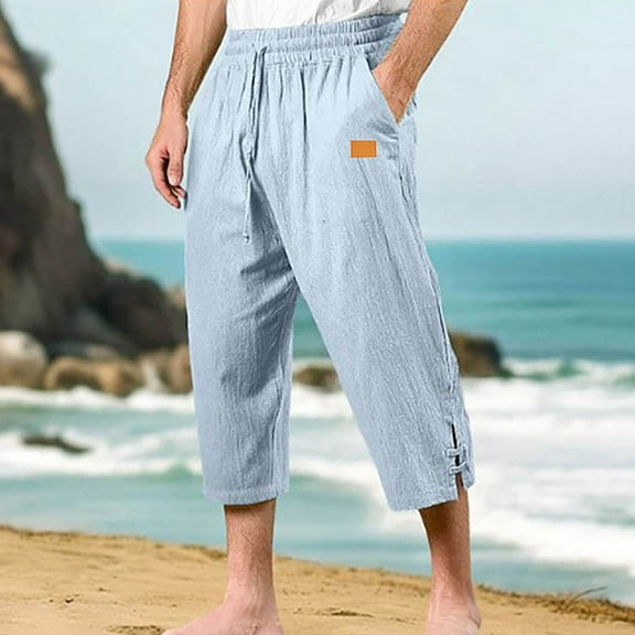 ECZHAW Pants for Men Summer Linen Drawstring Below Knee Shorts with Pockets Casual Baggy Elastic Waist Short Pant