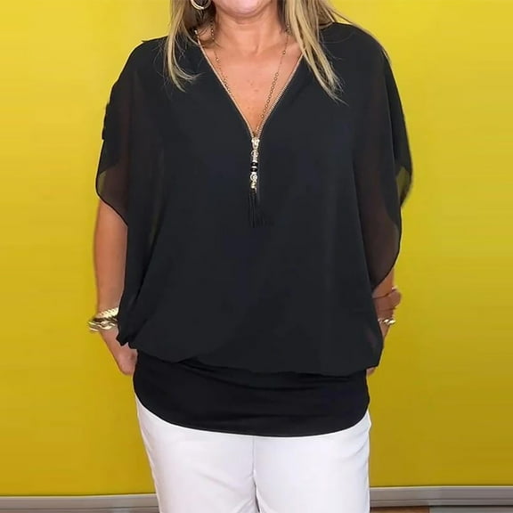 ECZHAW Plus Sized Shirts for Women Summer Chiffon Half Batwing Sleeve Elegant Blouses Dressy Zip Up Bottom Tees Tops