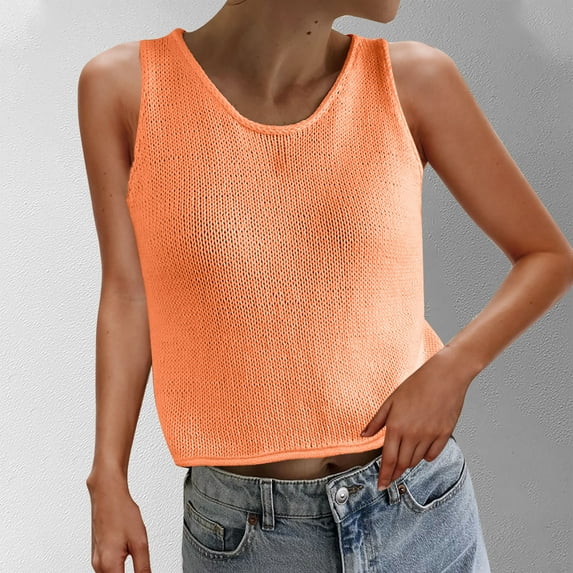 ECZHAW ,Summer Crochet Tank Tops for Women Casual Crewneck Solid Color Loose Knit Sleeveless Sweater Vest Top Fashion