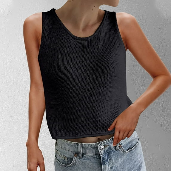 ECZHAW Summer Crochet Tank Tops for Women Casual Crewneck Solid Color Loose Knit Sleeveless Sweater Vest Top Fashion