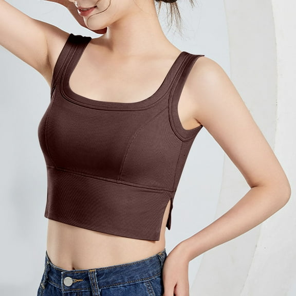 ECZHAW Tank Tops for Women Square Neck Built in Bra Workout Running Yoga Outfits Side Split Comfy Fit Buttom Crop Top