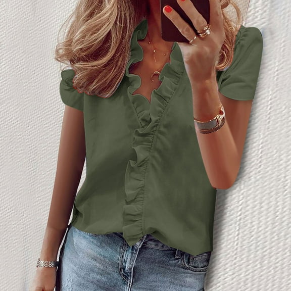 ECZHAW Trendy Short Sleeve Shirts for Women Summer Mock Neck Ruffle Elegant Blouses Dressy Loose Fit Office Soft Tops,