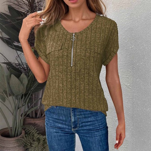 ECZHAW Women Half Zip-up Plus Size Top Batwing Sleeve Blouses V Neck Top Womens Fashion Ribbed Knit Shirt