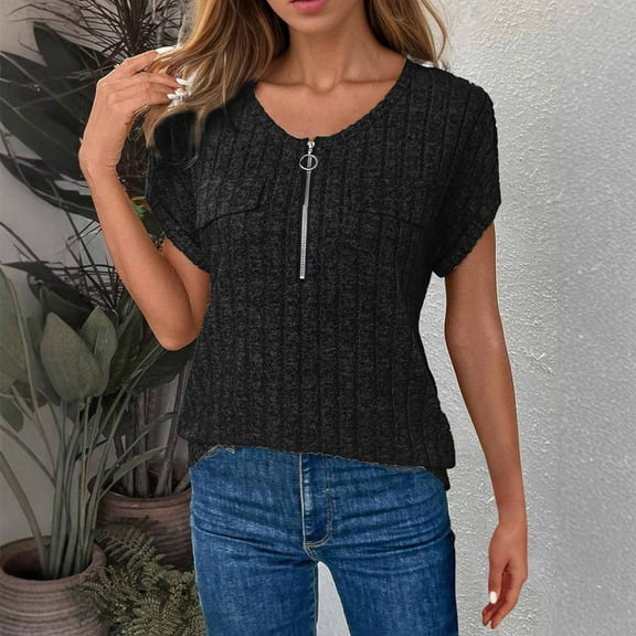 ECZHAW Women Half Zip-up Plus Size Top Batwing Sleeve Blouses V Neck Top Womens Fashion Ribbed Knit Shirt