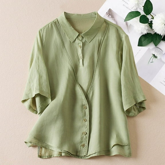 ECZHAW Women Loose Cotton Linen Blouse Half Sleeve Patchwork Shirt Button Loose Causal Tops