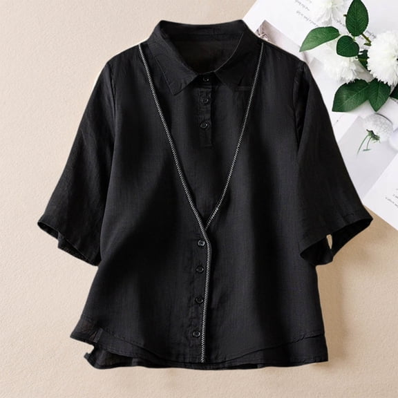ECZHAW Women Loose Cotton Linen Blouse Half Sleeve Patchwork Shirt Button Loose Causal Tops