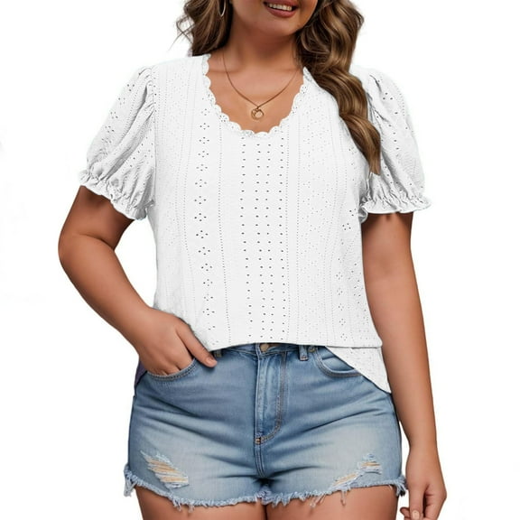 ECZHAW Women Plus Size Eyelet Shirts Puff Sleeve Boho Tops Cute Breathable Comfy Blouses Dressy Plain Tunic T-Shirts