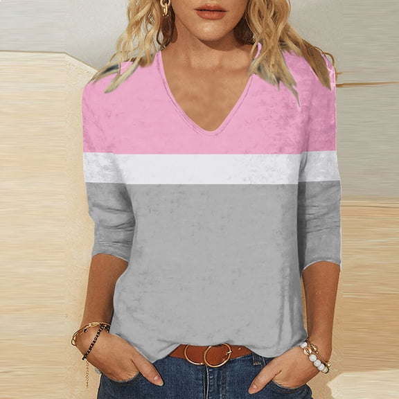 ECZHAW Women's 3/4 Sleeves V Neck T Shirts Color Block Casual Summer Tops Fashion Loose Shirts Tees