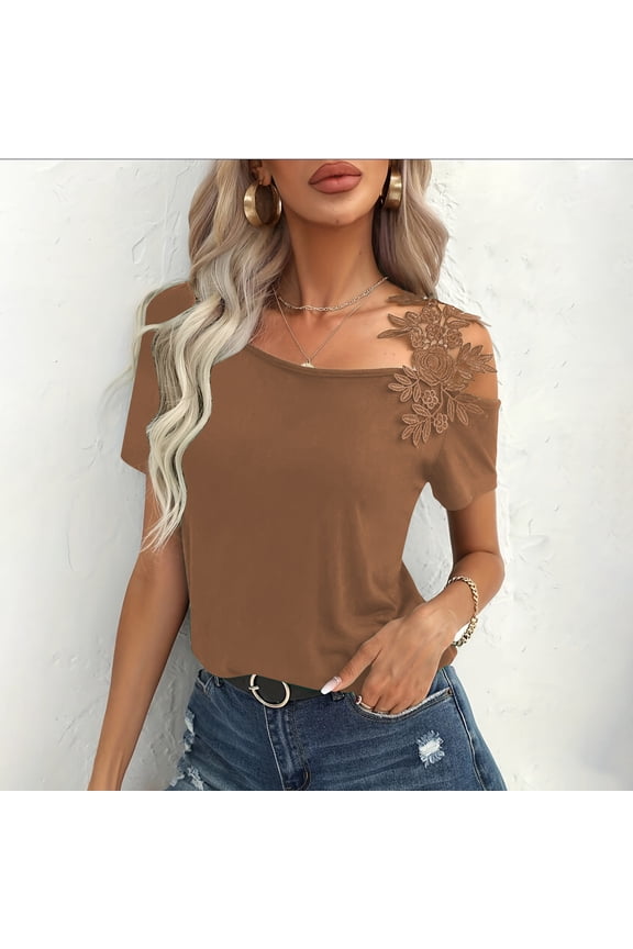 Women's Cold Shoulder T Shirts Asymmetrical Cut Out Lace Casual Short Sleeve Tee Tops