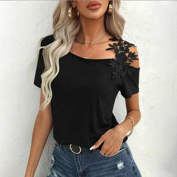 ECZHAW Women's Cold Shoulder T Shirts Asymmetrical Cut Out Lace Casual Short Sleeve Tee Tops