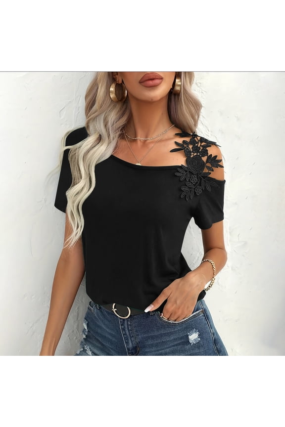 Women's Cold Shoulder T Shirts Asymmetrical Cut Out Lace Casual Short Sleeve Tee Tops