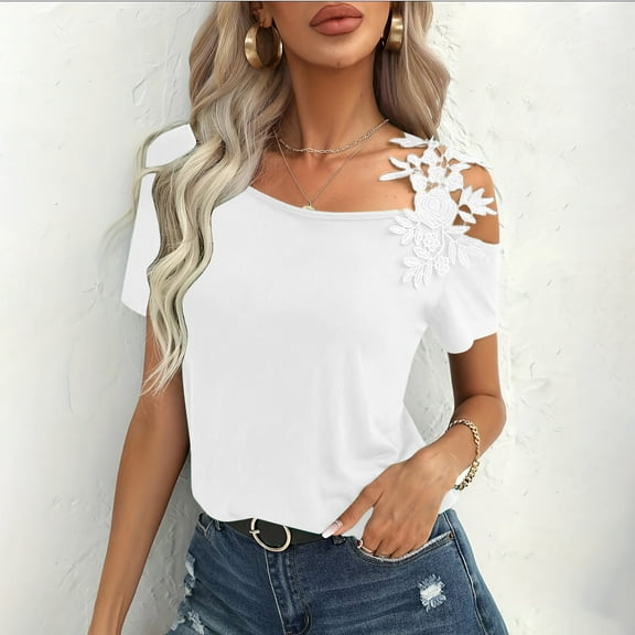 ECZHAW Women's Cold Shoulder T Shirts Asymmetrical Cut Out Lace Casual Short Sleeve Tee Tops