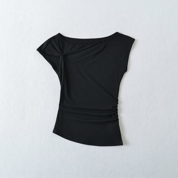 ECZHAW Women's Cotton Asymmetry Eyelet Short Sleeve T-Shirt Lightweight Wrap Loose Hem Tunics Cropped Tee Blouses