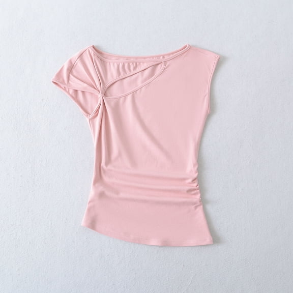 ECZHAW Women's Cotton Asymmetry Eyelet Short Sleeve T-Shirt Lightweight Wrap Loose Hem Tunics Cropped Tee Blouses