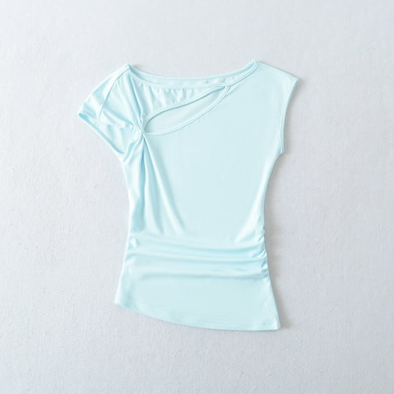 ECZHAW Women's Cotton Asymmetry Eyelet Short Sleeve T-Shirt Lightweight Wrap Loose Hem Tunics Cropped Tee Blouses