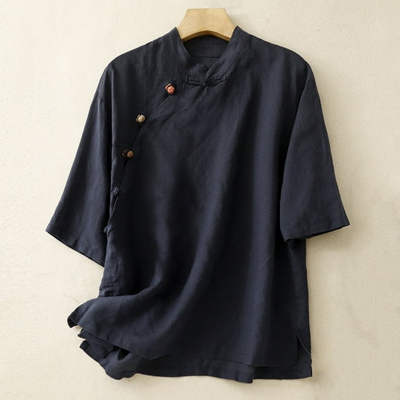 ECZHAW Women's Linen Retro Chinese Frog Button Top Short Sleeve Blouse Dressy Casual Loose Shirts Plus Size Tops