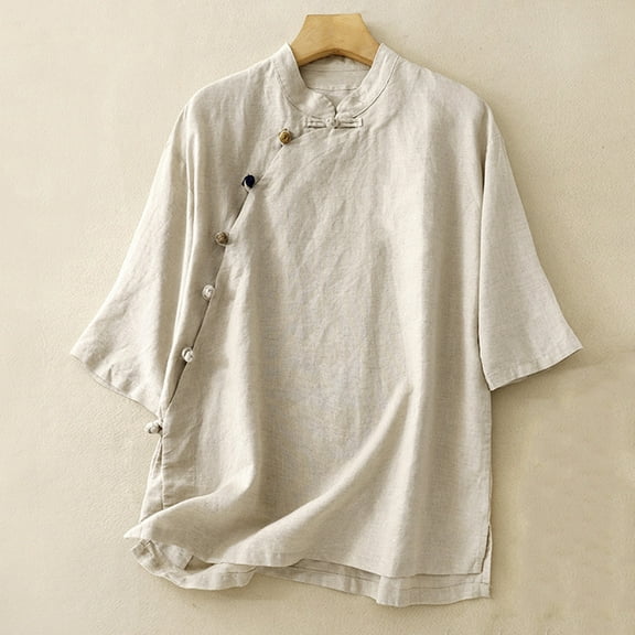 ECZHAW Women's Linen Retro Chinese Frog Button Top Short Sleeve Blouse Dressy Casual Loose Shirts Plus Size Tops