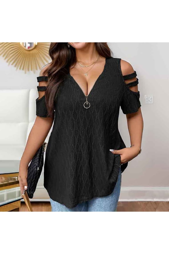 Women's Plus Size Cold Shoulder Cut Out Flare Hem Short Sleeve Zip Front O-Ring Blouse,