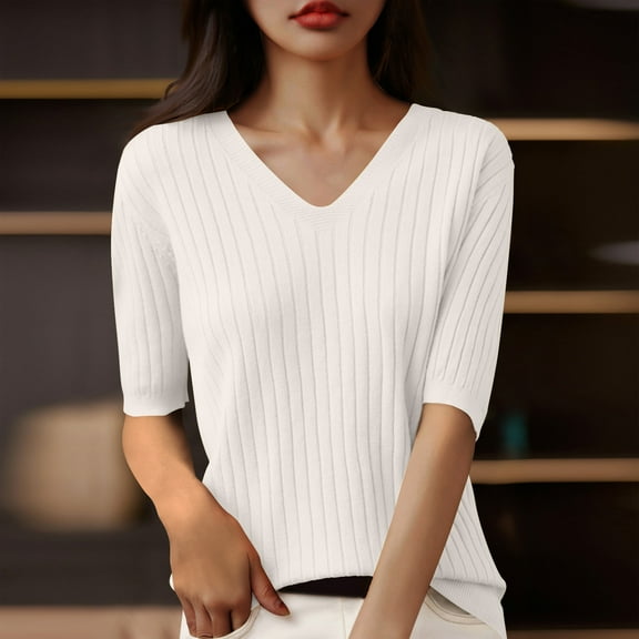 ECZHAW Women's Short Sleeve Sweater Tops Spring Summer Trendy Ribbed Knit Slim Fit Casual T Shirts Blouses,Summer Tops for Women 2025 Trendy,