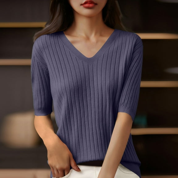 ECZHAW Women's Short Sleeve Sweater Tops Spring Summer Trendy Ribbed Knit Slim Fit Casual T Shirts Blouses,Women'S Summer Tops,