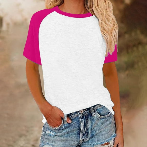 ECZHAW Women's Short Sleeve Tee Crew Neck Loose Fit Tunic T Shirts Color Block Workout Athletic Summer Tops,