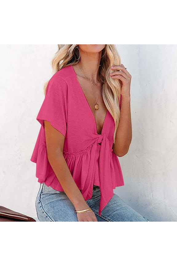 Women's Short Sleeve V Neck Blouses Ruffle Hem Tie Front Crop Tops Lightweight Basic Summer Tops,