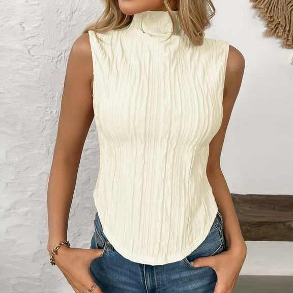 ECZHAW Women's Turtle Neck Chiffion Tank Solid Color Textured Trendy Camisole Sleeveless Stylished Summer Top Vacation Shirt