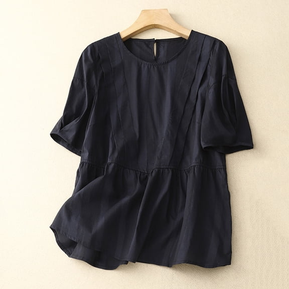 ECZHAW Womens Cotton Linen Shirts Trendy Pleated Short Sleeve Flowy Tops Summer Cute Plain Tshirt Vintage Blouses