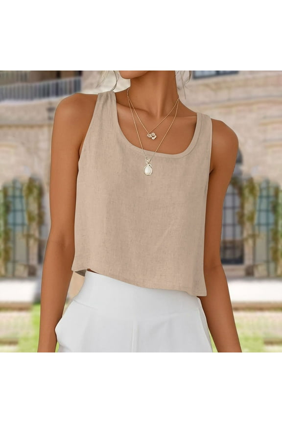 Womens Linen Crop Tops Summer Casual Loose Cotton Linen Sleeveless Tank Top