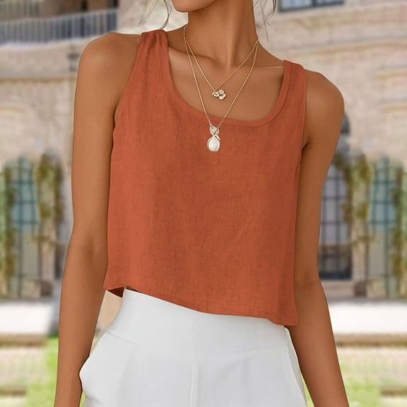 ECZHAW Womens Linen Crop Tops Summer Casual Loose Cotton Linen Sleeveless Tank Top