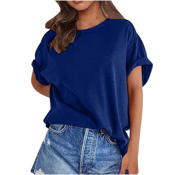 ECZHAW Womens Oversized Short Sleeve T Shirts Summer Casual Crew Neck Tunic Tops Loose Fit Basic Side Split Tees