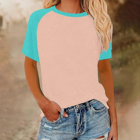 ECZHAW Womens Ringer Tee Crew Neck Color Block Casual Summer Short Sleeve T Shirt