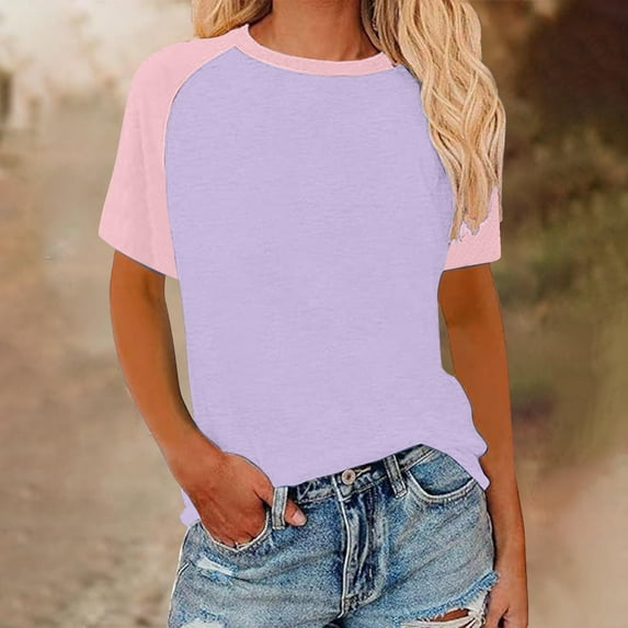 ECZHAW Womens Ringer Tee Crew Neck Color Block Casual Summer Short Sleeve T Shirt