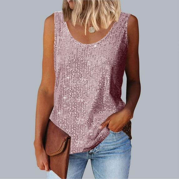 ECZHAW Womens Sequin Tank Top Summer Glitter Party Tops Sleeveless Crewneck Vegas Festival Shirt Ladies Outfits