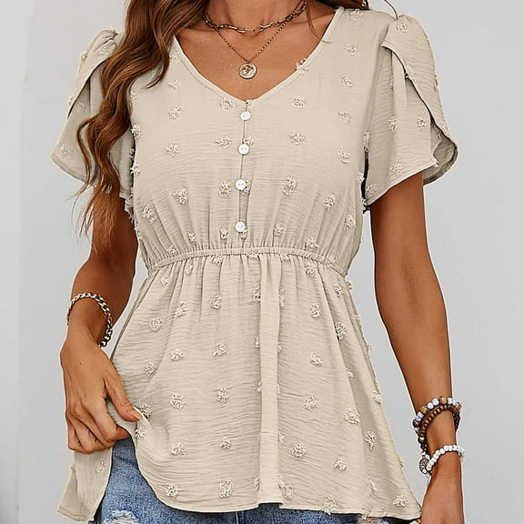 ECZHAW Womens Short Sleeve V Neck Blouse Button Down Shirt Loose Casual Ruffle Hem Peplum Tops,